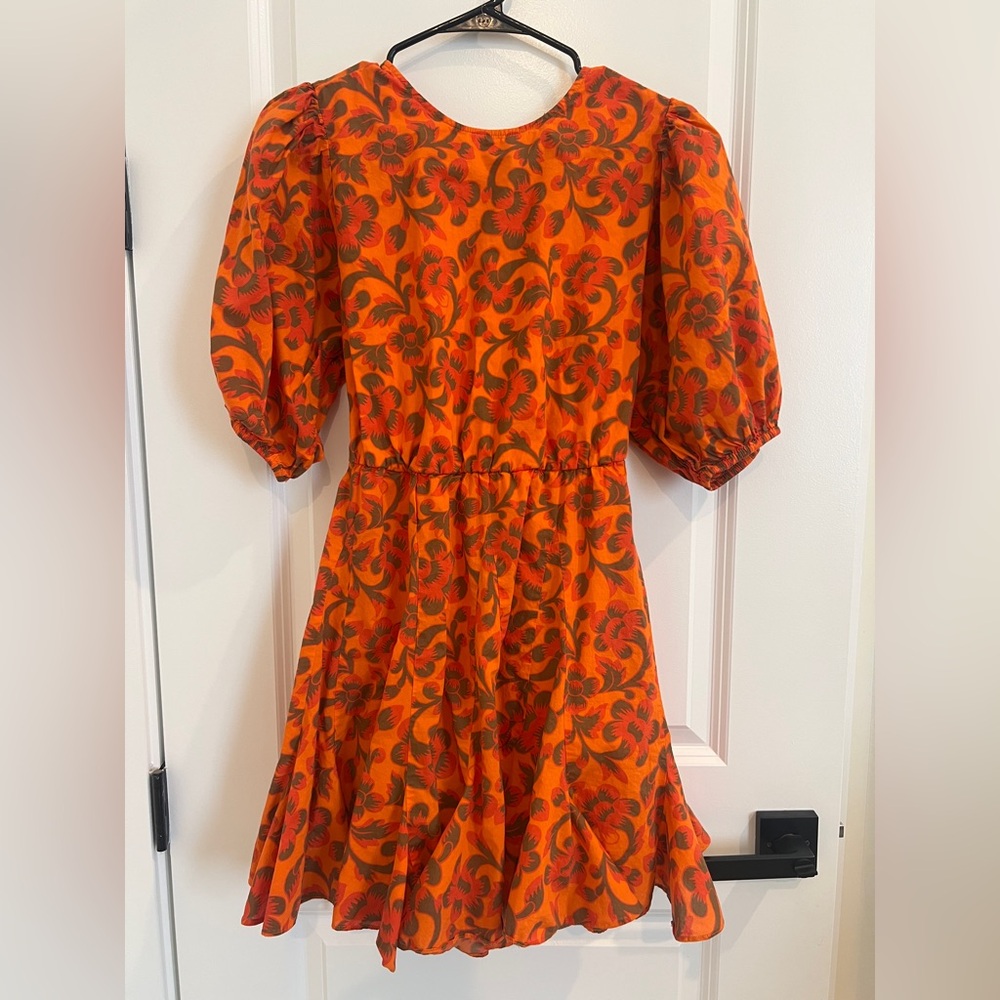 RHODE Molly Lace Up Back Dress Printed Puff Sleeve Bohemian Orange Flared New M